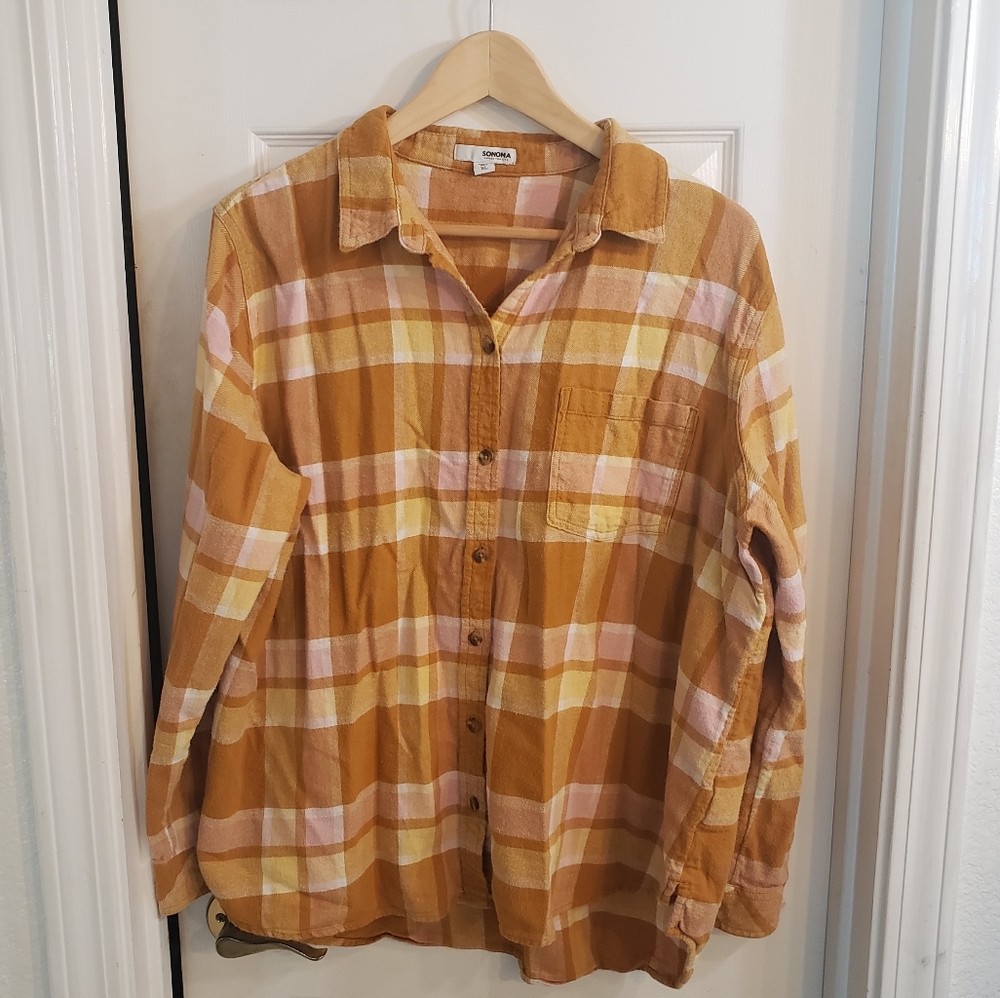 Sonoma Mustard and Blush Plaid Flannel Shirt